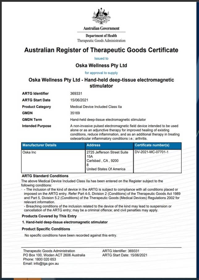 ARTG Certificate Australian Register of Therapeutic Goods Certificate